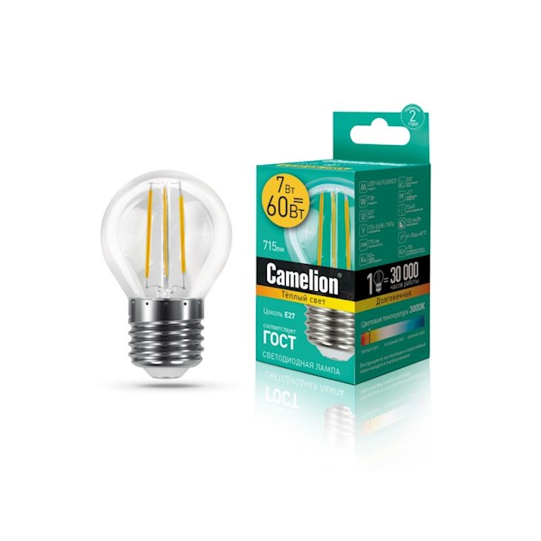 ფილამენტის დიოდური ნათურა LED7-G45-FL/830/E27 Camelion — ნათურა და ვაზნა
